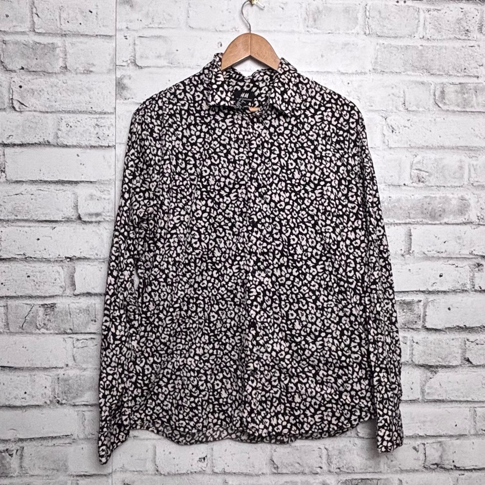 H&M Slim Fit Leopard Print Shirt XL Black White Button Down Trendy